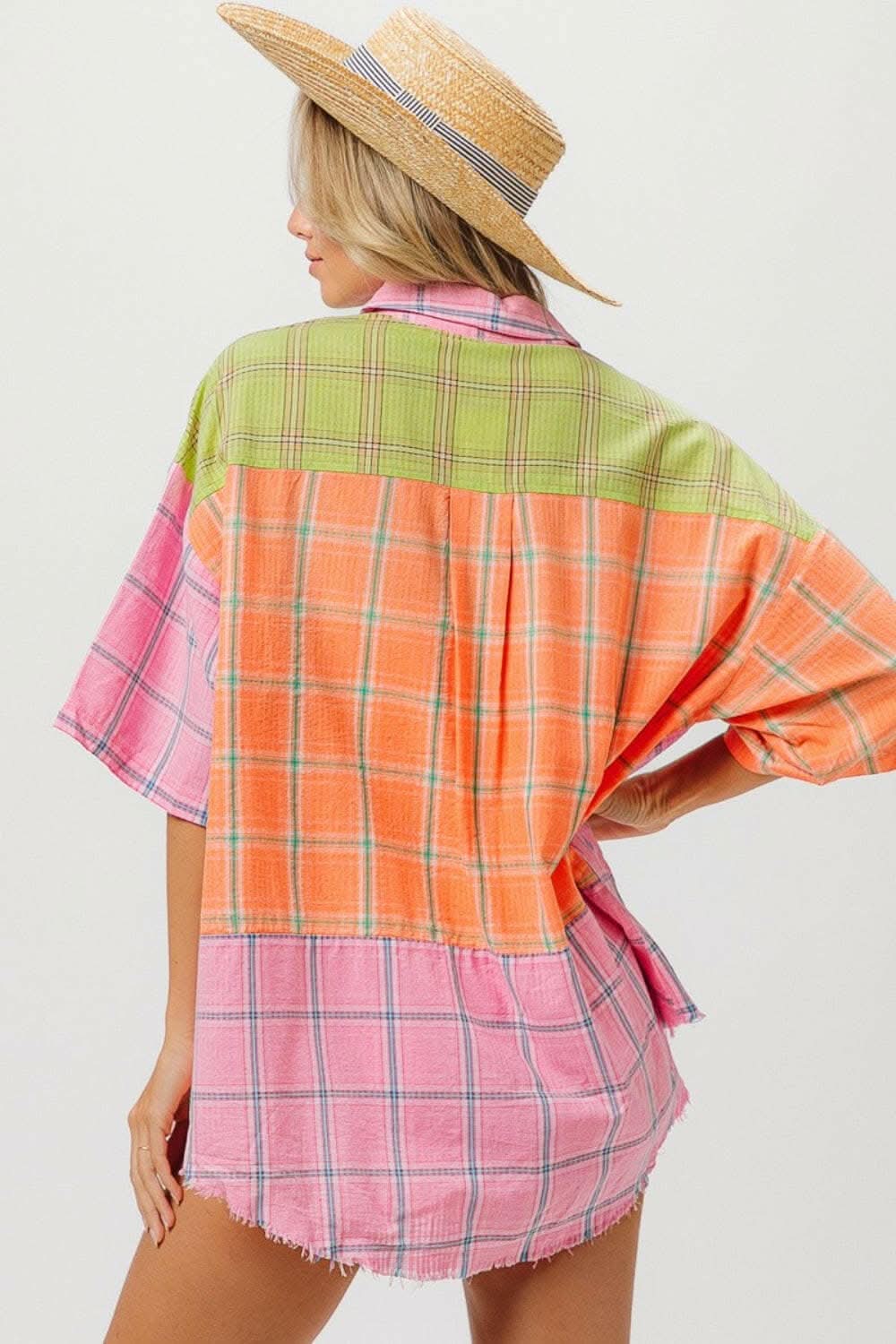 BiBi Plaid Collared Neck Half Sleeve Shirt - Love Salve
